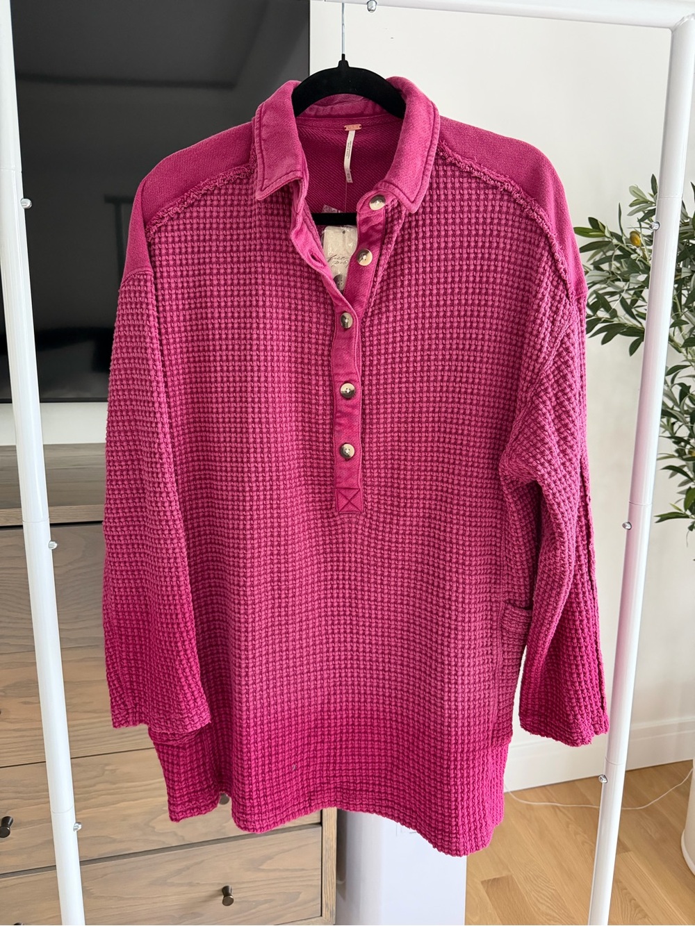 Free People Waffle Knit Pullover in Bright Pink
